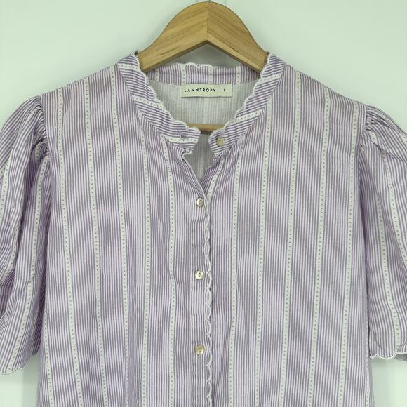 Tuckernuck LANHTROPY 100% Linen Scallop Blouse Striped Puff Sleeve Shirt Top - Picture 6 of 15